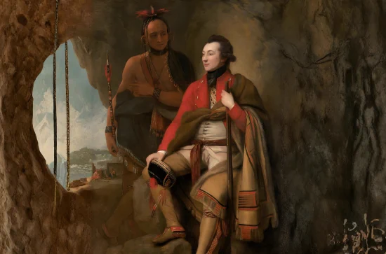 Painting of two men inside a cave entrance. The man on the right is dressed in 18th century European attire with a red coat and white breeches, holding a black hat. The man on the left, dressed in indigenous clothing, stands with a spear, wearing a feathered headdress. The cave reveals a mountainous landscape through a circular opening on the left.