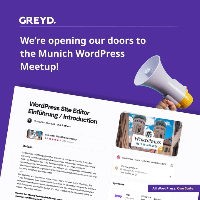 Graphic for Munich WordPress Meetup at GREYD office, Wed, Jan 14, 7 PM. Headline: "We’re opening our doors to the Munich WordPress Meetup!" Featuring a screenshot from the Meetup.com website.