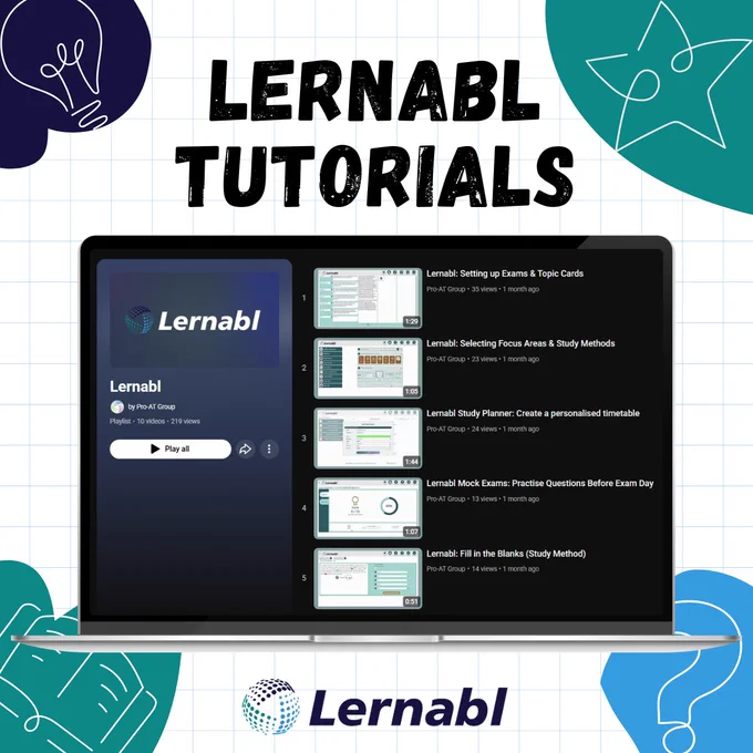 Image description: The header text reads “Lernabl Tutorials”, with a laptop mock-up underneath displaying the Lernabl YouTube playlist.