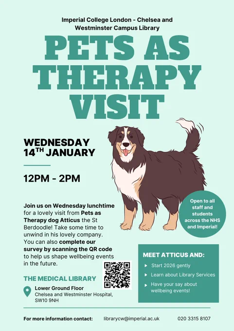 A pale green poster with dark green and black text, and a clipart style image of a St Bernard dog. The poster invites users to attend an event to meet a therapy dog at the Medical Library. Full details are included in the main tweet.