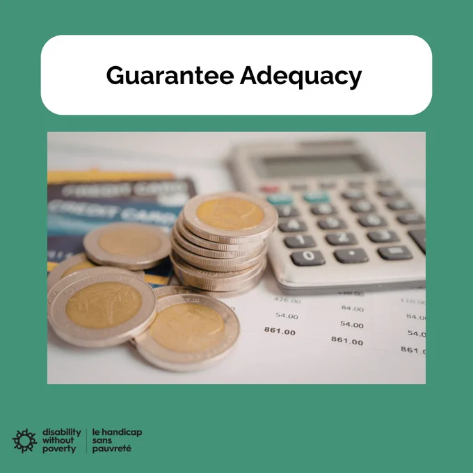 A green background with a white rounded rectangle at the top with text "Guarantee Adequacy". Below there is a spreadsheet which is partially hidden beneath credit cards, toonies, and a calculator. 
