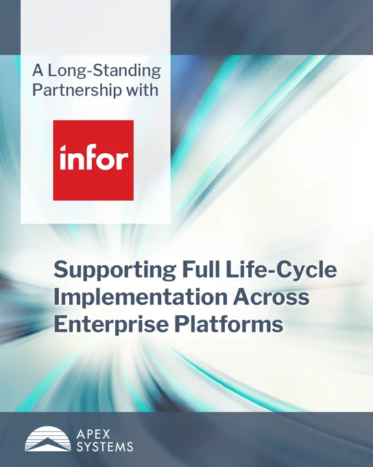 Promotional image featuring the Infor logo, with text reading "A Long-Standing Partnership with Infor" and "Supporting Full Life-Cycle Implementation Across Enterprise Platforms" set against an abstract blue and white background. Below, the Apex Systems logo is visible.