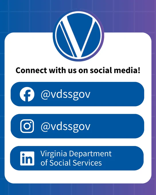 Promotional graphic for Virginia Department of Social Services featuring their social media handles. The logo is at the top, followed by Facebook, Instagram, and LinkedIn icons with respective handles. The background is blue with a grid pattern.