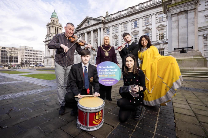 Lord Mayor of Belfast, Councillor Tracy Kelly is joined by members of Ards Comhaltas Ceoltóirí Éireann, Belfast Boys’ Model School Flute Band and ArtsEkta-South Asian Dance Academy at Belfast City Hall 