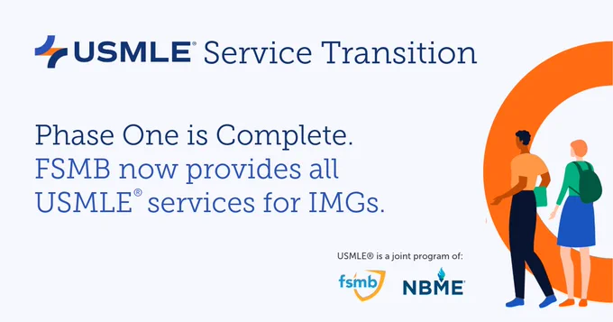 Graphic announcing the completion of Phase One of the USMLE Service Transition. FSMB now provides all USMLE services for IMGs. 