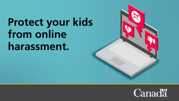 An open laptop with red notification bubbles featuring a frowny face, a broken heart, and a thumbs down icon. Text: Protect your kids from online harassment.  