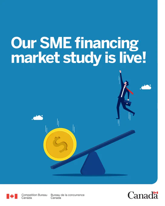 An illustration of a businessman being shot upwards after a large gold coin falls on the other side of a seesaw. The text in image reads: Our SME financing market study is live!