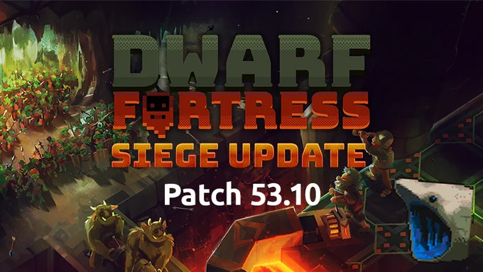 Dwarf Fortress siege update patch 53.10. Featuring a pixel art portrait of a basking shark with it's mouth open