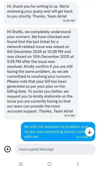 Proof of repeated Airtel service complaints, poor internet connectivity for over 2 months, and continued billing reminders without issue resolution.