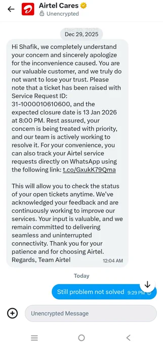 Screenshot showing multiple Airtel complaints raised over the last 2 months, repeated bill payment reminders, and unresolved internet connectivity issues with no technical support response.