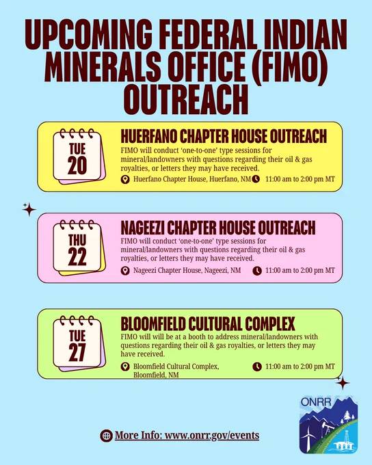 Federal Indian Minerals Office outreach sessions scheduled in Huerfano, Nageezi, and Bloomfield for mineral and landowners' oil and gas royalty questions.