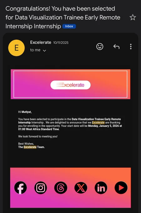 Exelerate email congratulating Mutiyat on being selected to participate in the Exelerate Data Visualization Early Remote Internship 