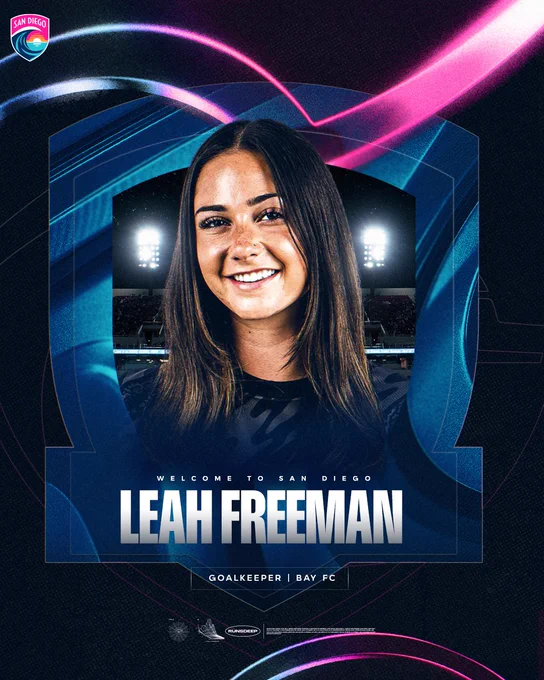 Welcome to San Diego graphic for Goalkeeper Leah Freeman. There is a photo of Leah in the center and the background is dark blue with pink highlighted accents. White text under her photo reads “Welcome to San Diego, Leah Freeman | Goalkeeper | Bay FC”.