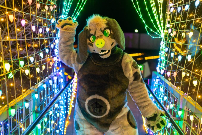 A photo of a someone wearing a full fursuit. The character is a black and gray beagle with green eyes and nose. They're standing inside a display covered in colorful lights and the fursuit is illuminated with warm light. The fursuiter is looking up towards the camera with their right paw up in the air and the left paw down.