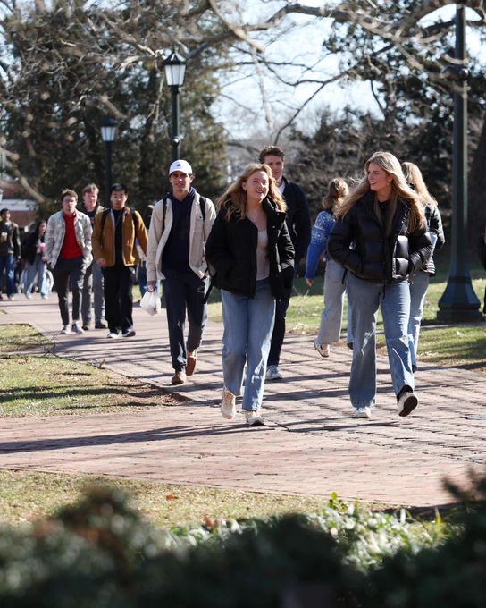 UVA students walk down a brick walkway on a sunny day.