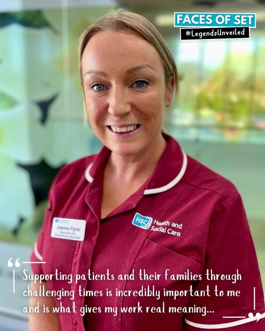 Smiling woman in a red Health and Social Care uniform stands indoors. Text reads,Supporting patients and their families through  challenging times is incredibly important to me and is what gives my work real meaning...