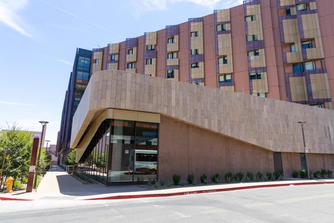 An exterior view of the Mill Avenue residence hall on Arizona State University's Tempe campus.