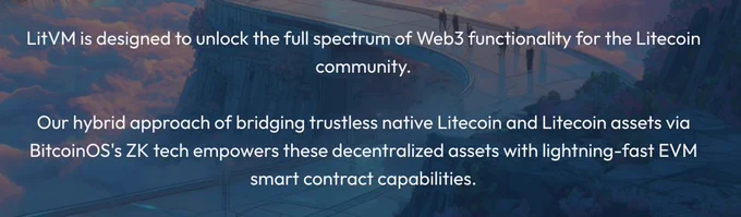 Day 37 of my mega series on @LitecoinVM.

Today we're looking at how LiteVM will unleash Litecoin's full potential.

The Litecoin community is a strong one, but up until this point they haven't been able to interact with smart contracts and participate in DeFi and earn yield on their $LTC.

That changes with $LITVM.

With BitcoinOS, LTC holders can access trustless bridging between Litecoin L1 and LitVM L2, which enables participants to engage with smart contracts and dapps.

This will create more use cases for LTC and thus increase the demand for LTC. Users from all around the world will soon be able to participate in yield opportunities, RWAs, and AI applications.

Up Next:
We'll go cover LitVM's mission and the 5 pillars to help drive adoption and value to Litecoin.