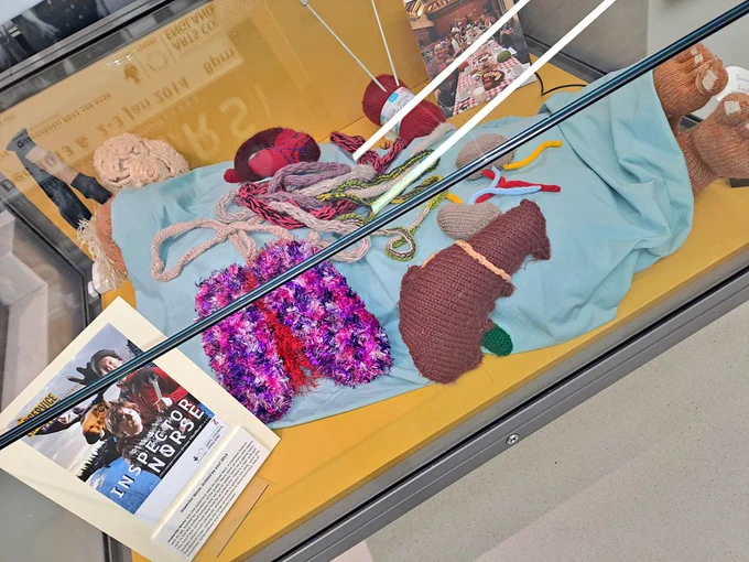 Display case showing knitted corpse and body parts