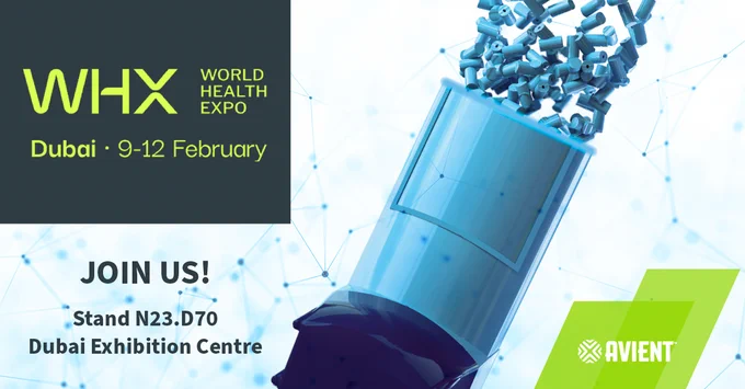 Promotional banner for WHX World Health Expo, Dubai, February 9-12. Features blue pellets pouring from a container, inviting attendees to Avient at Stand N23.D70, Dubai Exhibition Centre.