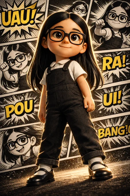Chibi 3D cinematic character portrait using the provided reference face with strict identity fidelity, proportions and natural skin tone. Confident slight low-angle pose. Canonical Mylzinha outfit: white basic shirt, black denim overalls with long pants, white socks, black Mary Jane shoes. High-contrast cinematic lighting. Background composed of black-and-white comic-style panels featuring the same original character in dynamic poses, white gutters, halftone texture. Portuguese pop-art onomatopoeia inside panels: “UAU”, “RÁ!”, “UI!”, “POU”, “BANG!”. Original proprietary character. Aspect ratio 4:5.