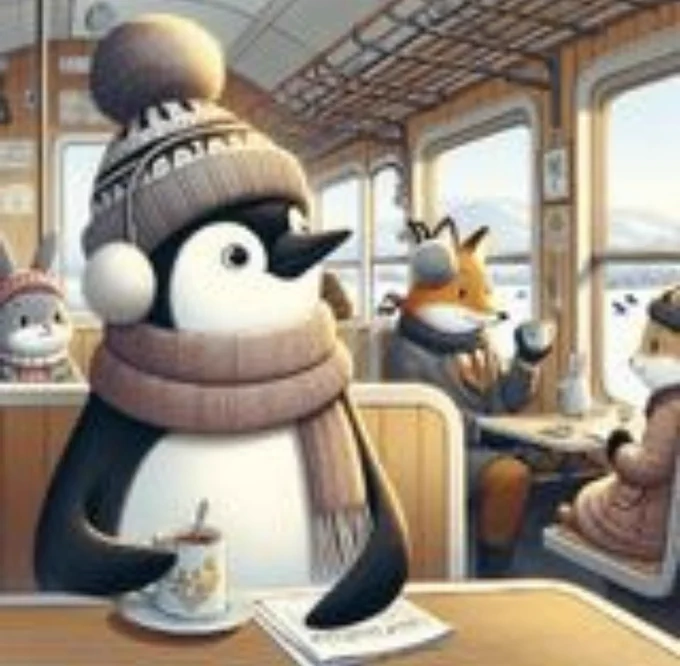 A penguin sits on a train wearing a toque & scarf to keep warm
