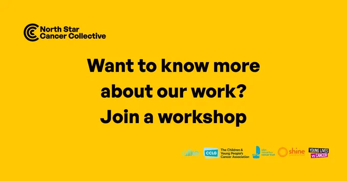 Yellow background with black text inviting to join a workshop to learn about North Star Cancer Collective's work.