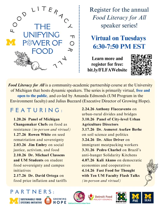 Food Literacy for All flyer with link to https://bit.ly/FLFAWebsite and 2026 speaker schedule