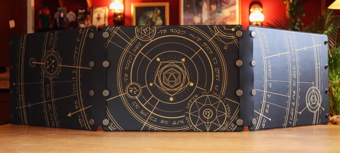 a black leather DM screen standing upright, made out of 3 panels with golden magical circles, runes and a D20 in the centre
