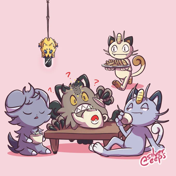 digital drawing of pokémon enjoying a tea date sitting around a table. Espurr with their eyes closed, Meowth bringing cookies to the table, Alolan Meowth sippin tea, galarian meowth looking for their missing coin, and Joltik hanging from the ceiling carrying Meowth missing coin.
Do not use for ai training.
Do not modify.