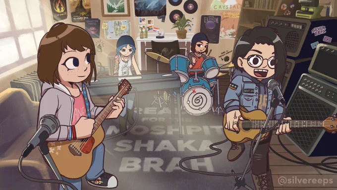 Redraw of a scene from Scott Pilgrim Takes Off, of Sex Bob-omb playing in the living room, but it's in the world of Life is Strange, posters, stickers and parafernalia of the LiS universe. Max Caulfield at the lead guitar, Alex Chen in vocals and guitar, Steph Gingrich at the drums, and Chloe Price at the keyboard.
Do not use for ai training.
Do not modify.