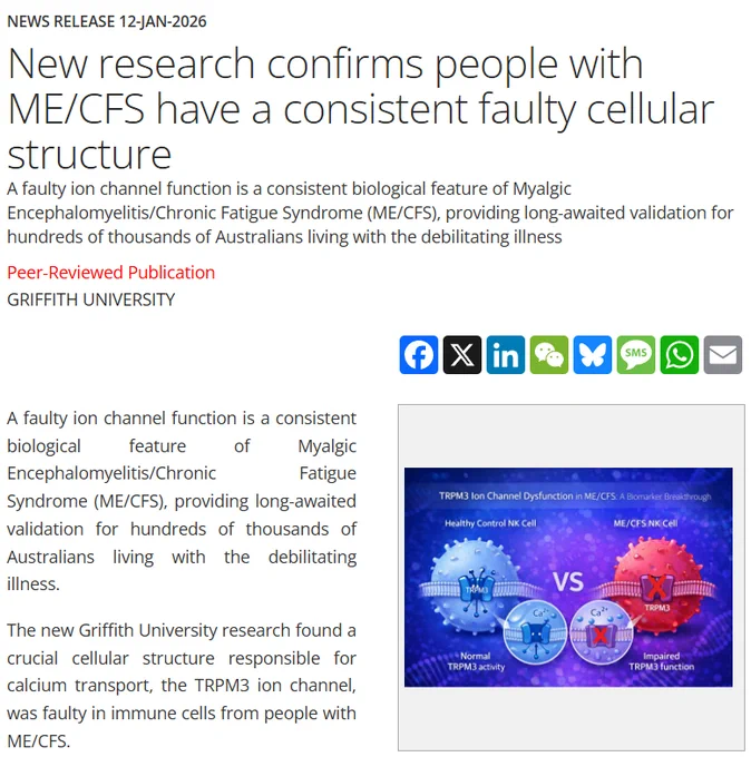 News Release 12-Jan-2026

New research confirms people with ME/CFS have a consistent faulty cellular structure

A faulty ion channel function is a consistent biological feature of Myalgic Encephalomyelitis/Chronic Fatigue Syndrome (ME/CFS), providing long-awaited validation for hundreds of thousands of Australians living with the debilitating illness

Peer-Reviewed Publication

Griffith University


image:

New research confirms people with ME/CFS have a consistent faulty cellular structure

view more

Credit: Griffith University

A faulty ion channel function is a consistent biological feature of Myalgic Encephalomyelitis/Chronic Fatigue Syndrome (ME/CFS), providing long-awaited validation for hundreds of thousands of Australians living with the debilitating illness.

The new Griffith University research found a crucial cellular structure responsible for calcium transport, the TRPM3 ion channel, was faulty in immune cells from people with ME/CFS.