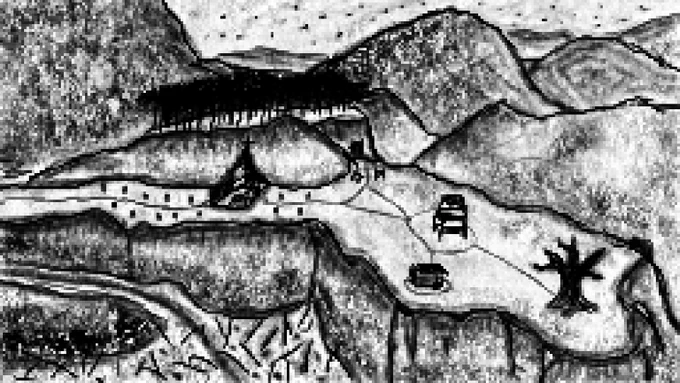 Sketch of the level in my game Star Tower. It presents a mountain plateau with church ruins, a view tower, a lonely hut, a giant tree and a cave entrance.