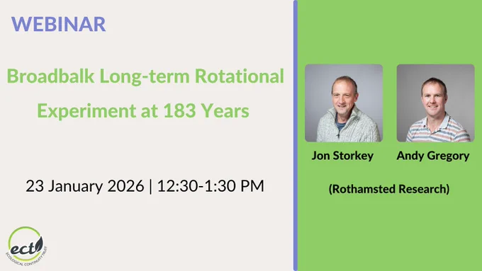 Webinar Broadbalk Long-term Rotational Experiment at 183 Years.    
2 photos of 2 white men smiling at the camera with a neutral background. Text underneath: Jon Storkey and Andy Gregory, Rothamsted Research. 
