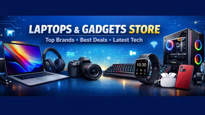 Blue-themed cover image showing laptops and electronic gadgets with text promoting a laptops and gadgets store offering top brands and best deals.