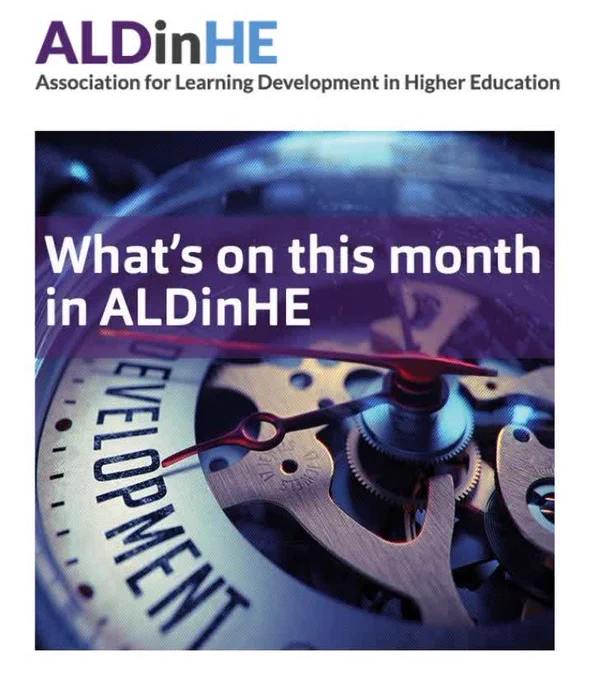 What's on this month in ALDinHE. Image shows a clock face with the working cogs showing and the words Learning Development.