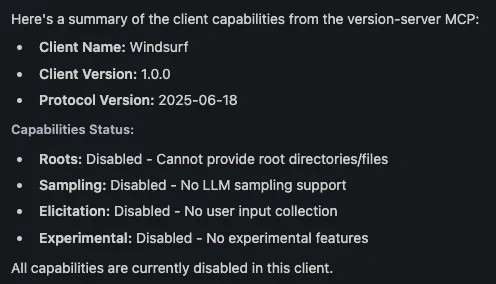 windsurf does not support roots, elicitation, sampling features of MCP