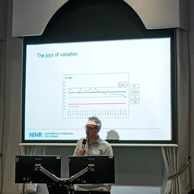 Paul Bird presenting in front of a slide entitled 'The Joys of Variation' with an example of a statistical process control chart.