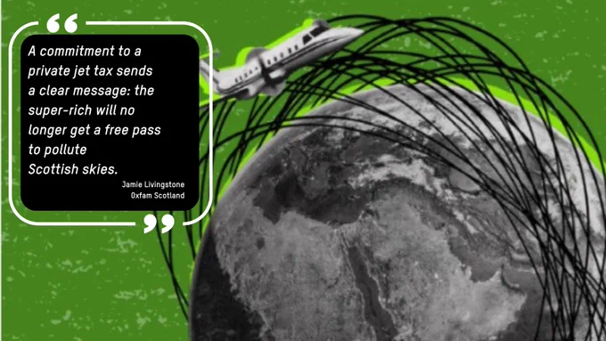  Graphic with a bright green background showing a black‑and‑white image of the Earth on the right, covered in looping black flight paths, with a white private jet flying above it. On the left, a large black speech bubble with white quotation marks contains the text: “A commitment to a private jet tax sends a clear message: the super-rich will no longer get a free pass to pollute Scottish skies. Jamie Livingstone, Oxfam Scotland.”