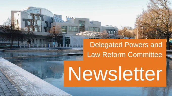 Image of the the Scottish Parliament from across the pond outside, set against a winter sky. Words say: Delegated Powers and Law Reform Committee Newsletter.