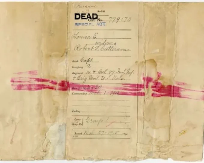 Approved pension file for Louisa Catterson, widow of Capt. Robert Catterson of the Union Army. NAID: 118987437