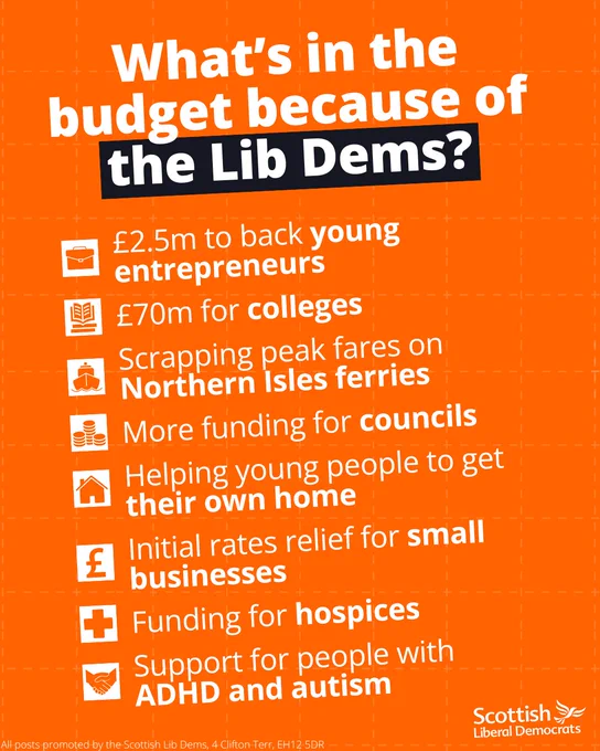 What’s in the budget because of the Lib Dems?

£2.5m to back young entrepreneurs.

£70m for colleges.

Scrapping peak fares on Northern Isles ferries.

More funding for councils.

Helping young people to get their own home.

Initial rates relief for small businesses.

Funding for hospices.

Support for people with ADHD and autism.