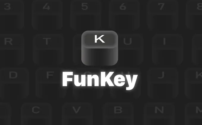 Dark keyboard-themed graphic showing a raised "K" key above bold glowing text "FunKey" centered on a dim keyboard background.