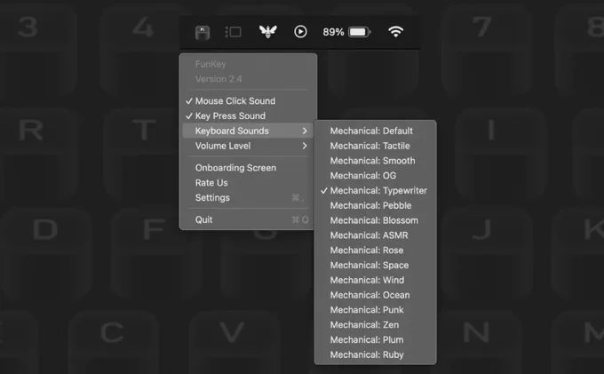 MacOS menu showing FunKey app settings with mouse/key click toggles and a dropdown of mechanical keyboard sound presets, "Mechanical: Typewriter" selected.