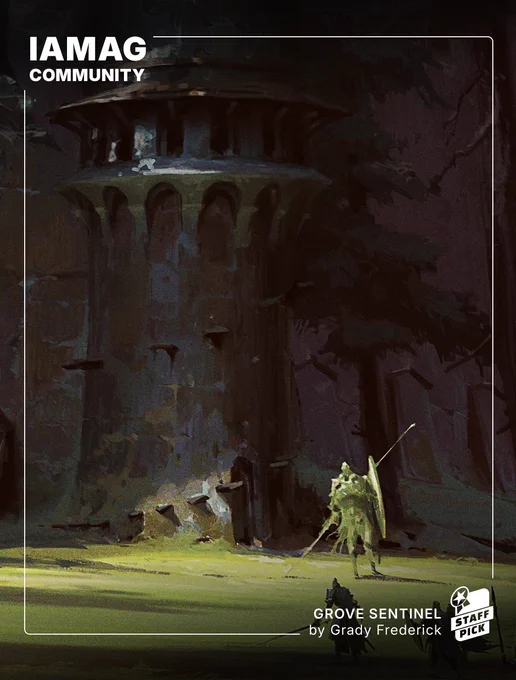 Artwork titled 'Grove Sentinel' by Grady Frederick, depicting a towering, ancient structure surrounded by a lush forest, with a sentinel figure at the foreground. Presented by IAMAG Community.
