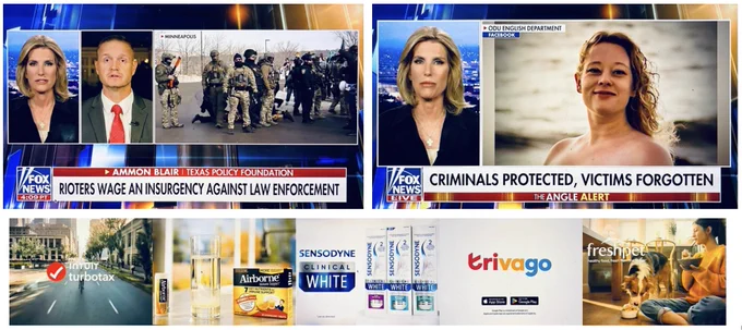 Composite image showing screenshots from Fox News Channel on 1/12/26 between 6PM and 8PM. Two screenshots show host Laura Ingraham with chyrons reading "Rioters Wage and Insurgency Against Law Enforcement" and "Criminal Protected, Victims Forgotten". Screenshots of ads from sponsors below are Intuit Turbotax, Airborne, Sensodyne, Trivago, and Freshpet.