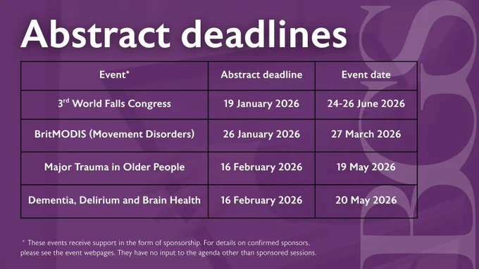 BGS abstract deadlines

Event*
3rd World Falls Congress - 19 January 2026
BritMODIS (Movement Disorders) - 26 January 2026
Major Trauma in Older People - 16 February 2026
Dementia, Delirium and Brain Health - 16 February 2026

 * These events receive support in the form of sponsorship. For details on confirmed sponsors, please see the event webpages. They have no input to the agenda other than sponsored sessions. 