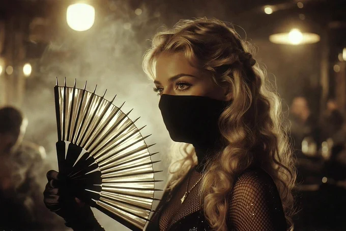 (blonde, masked female ninja, big serious eyes, holding her steel fan with spikes in a 60s bar with smoke) in side profile view, depicted in a Sepia-Toned Silent Film Scene, evoking the drama and expression of early cinema. Use muted chestnut and sand sepia tones to enhance the nostalgic atmosphere --ar 3:2 --v 7.0