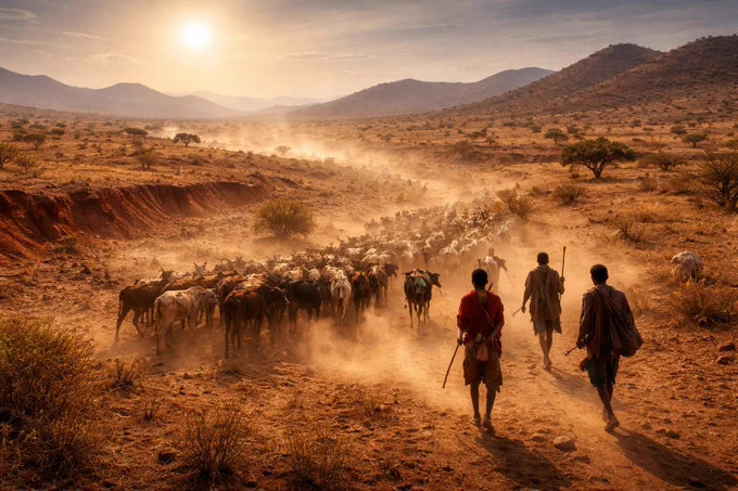A glowing palette of browns, reds, golds and patchy greens stretches before us as the sun climbs in a cloudless sky. In the distance, a cloud of dust shimmers in the heat haze, churned by hooves as young men guide their hungry animals across the parched, rolling landscape. Low, denuded hillsides seem to bleed from the red scars of erosion gullies. These pastoralists are stoic but stubborn, clinging to an ancient way of life, eking out a meagre living on a tragically degraded terrain. Unrooted, driven by drought, poverty and growing resource scarcity, the search for ‘greener pastures’ is ever more challenging, inviting tension and conflict with farmers, with wildlife, and with state authorities… (AI image)