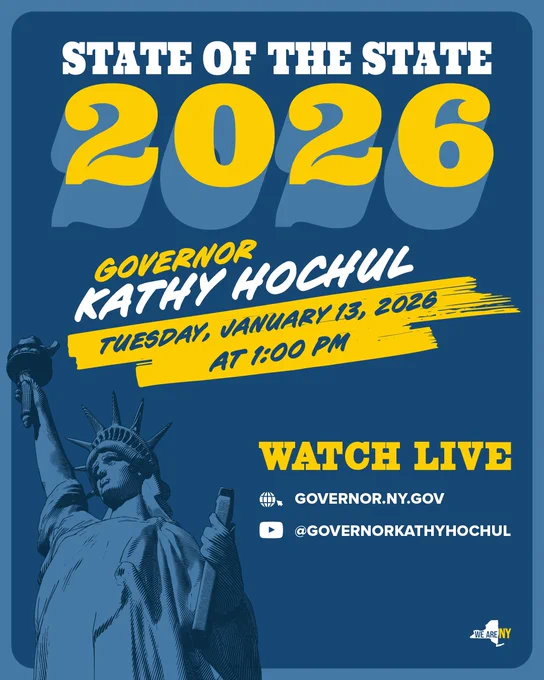 blue and yellow graphic State of the State 2026, watch live at governor.ny.gov or @governorkathyhochul on YouTube
